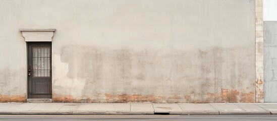 Weathered white wall surrounds a building with a sidewalk and road in front, creating a backdrop for a copy space image.