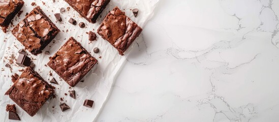 Fototapete - Top view of delicious homemade chocolate brownies on a white surface with copy space image.