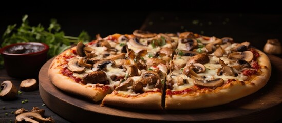 Poster - Savory street pizza loaded with chicken, mushrooms, and cheese, served as fast street food option with copy space image.