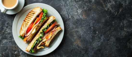 Aufkleber - Top-down view of a breakfast meal comprising a club sandwich, coffee cup, and space for additional images or text.