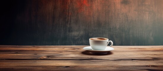 Wall Mural - A cup of coffee on the wooden table with copy space image.