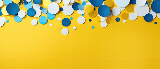 Yellow trendy backdrop adorned with scattered white and blue circular paper confetti, creating a festive atmosphere with ample copy space for images.