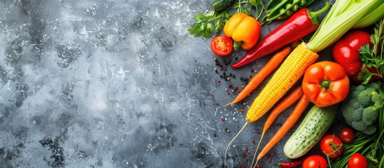 Aufkleber - A diverse selection of colorful vegetables like corn, papaya, carrot, pumpkin, tomato, sweet pepper, and cucumber, all displayed in a copy space image, is beneficial.
