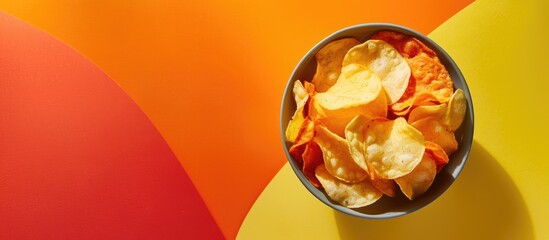 Poster - A bowl of tasty potato chips displayed on a vibrant yellow and orange backdrop with copy space image.