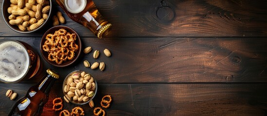 Aufkleber - A dark wooden desk hosts beer snacks like pistachios, pretzels, and peanuts beside two beer bottles, illustrating a concept of food and drink with copy space image.