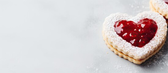 Wall Mural - Copy space image featuring heart-shaped homemade shortbread filled with raspberry jam on a light gray backdrop.