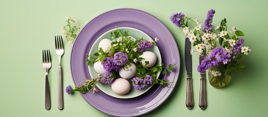 Poster - Top-down view of a Easter table arrangement featuring a green dish, purple flowers, Easter eggs, all set against a soft lilac backdrop with copy space image.