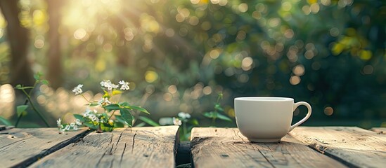Fototapete - An inviting scene in a garden: a white coffee cup on a wooden table against a natural backdrop; perfect for adding text. Copy space image.