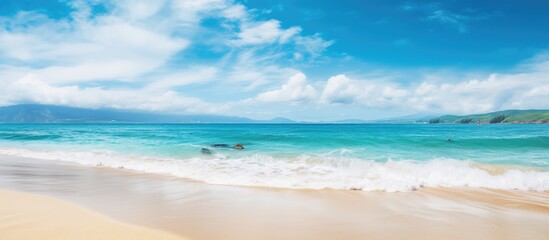 Poster - Scenic tropical beach scene with a clear blue sky and fluffy white clouds; ideal for vacation and travel themes. Vintage filter style with copy space image.