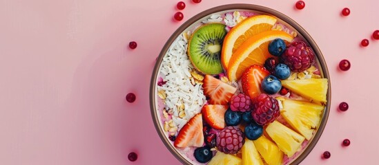 Wall Mural - Pineapple fruit smoothie bowl topped with coconut, kiwi, berries, and oranges on a pastel pink background with ample copy space image.