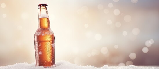 Aufkleber - Close-up of a cold beer bottle on snowy background with copy space image.