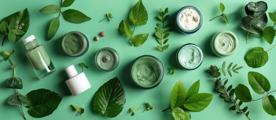 Aufkleber - Flat lay shot of organic cosmetic products with green leaves on a colored background, showcasing the items with copy space image.