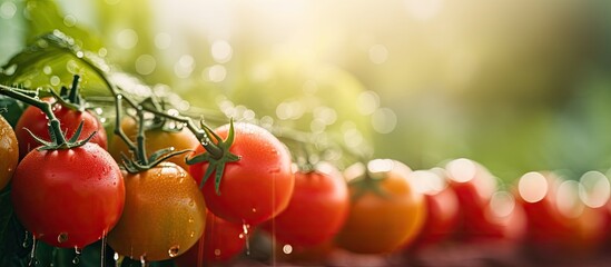 Poster - Selective focus on spraying tomatoes in the garden, creating a natural scene with copy space image.