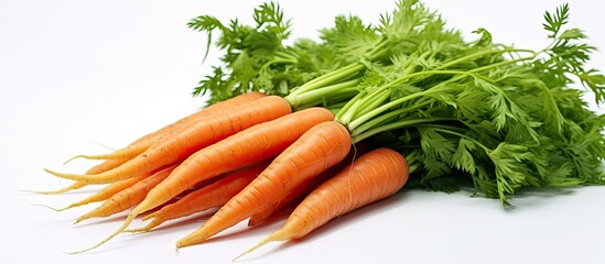 Fototapete - A vibrant bunch of fresh, organic carrots against a white background with selective focus and a defocused effect around them, creating ample copy space image.