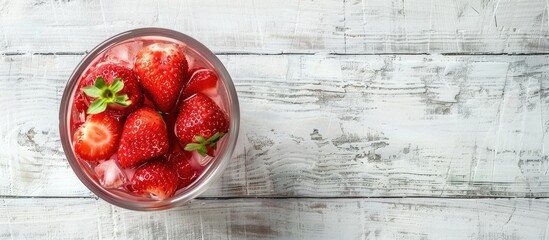 Fototapete - Copy space image of a tasty strawberry beverage placed on a light gray wooden surface, providing room for text.