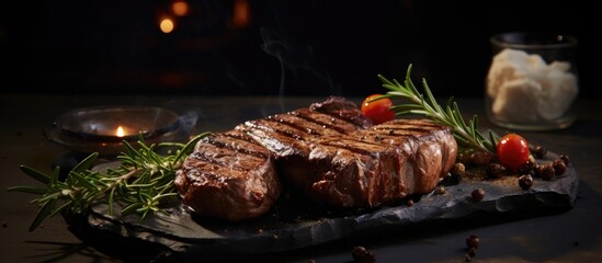 Poster - Table set with appetizing grilled steaks, with a copy space image available.