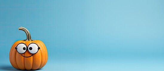 Poster - Pumpkin figure with eyes on a blue backdrop showcasing various pumpkin types in a creative autumn theme emphasizing copy space in a simple, minimalist design.