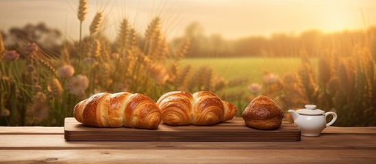 Poster - Wooden cutting board with freshly baked croissants creating a picturesque scene in front of a copy space image.