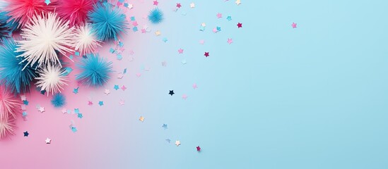 Wall Mural - Colorful celebration theme with confetti, stars, fireworks on a pink-blue backdrop, including a blank pink sheet for text placement in the copy space image.