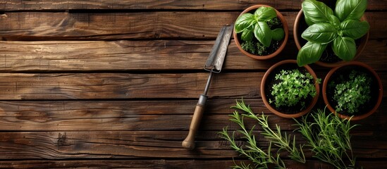 Fototapete - Home gardening. Rosemary and basil bush in pots, and gardening tools on wooden table. Copy space image. Place for adding text or design