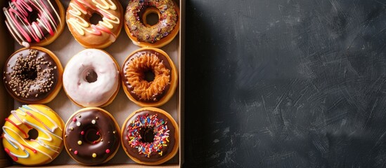 Poster - Top view of vibrant donuts arranged in a box on a paper surface, creating a visually appealing composition with available copy space image.