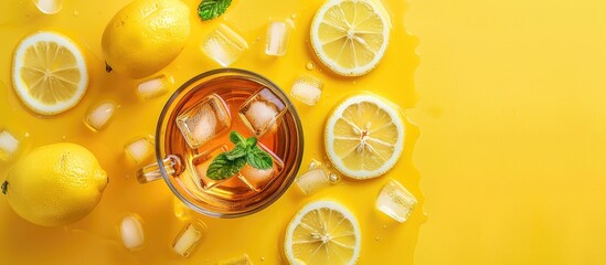 Aufkleber - Ice tea with ice, lemon and mint on a combined colored yellow background. Summer cold drink cocktail. Copyspace