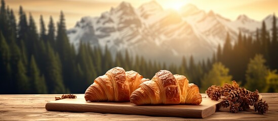 Poster - Wooden cutting board with freshly baked croissants creating a picturesque scene in front of a copy space image.
