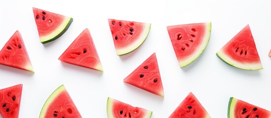 Wall Mural - Fresh watermelon slices creatively arranged in a Scandinavian-style flat lay on a white table background, perfect for a blog or recipe book cover with copy space image.