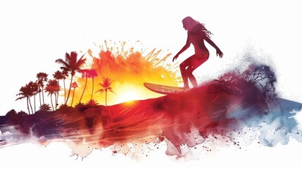 Wall Mural - Creative surfer sketch with scenic sunset backdrop