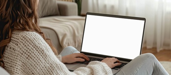 Wall Mural - a mockup shows a woman using a laptop with an empty desktop screen, highlighting the copy space imag