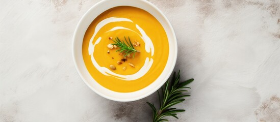 Aufkleber - Creamy pumpkin soup with a silky texture, showcased on a marble background with ample copy space in a top-down view.