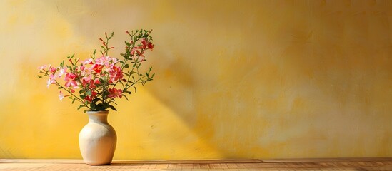 Aufkleber - Wooden table with a flower vase on it showcasing copy space image opportunities.