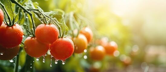 Poster - Selective focus on spraying tomatoes in the garden, creating a natural scene with copy space image.