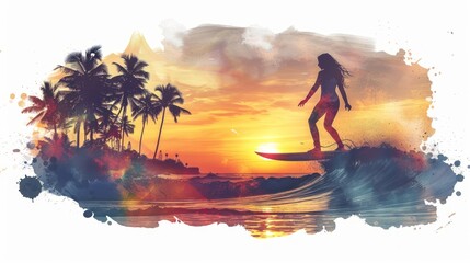 Surfer conquering waves with sunset and palm trees