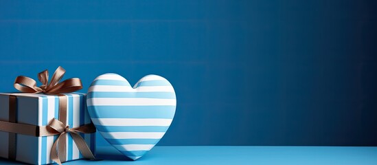 Wall Mural - A white heart and two gift boxes with blue stripes are seen on a blue backdrop, leaving room for a copy space image.