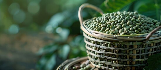 Aufkleber - The beans inside and outside the cup are green, displayed in a basket with copy space image.