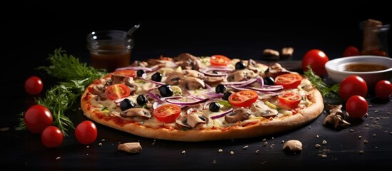 Poster - Freshly made pizza topped with mushrooms, tomatoes, cheese, onion, oil, pepper, salt, basil, and olives, displayed on a dark background with ample copy space image.