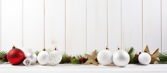 Poster - Festive Christmas setup with vintage ornaments on a white wooden backdrop, ideal for adding text with copy space image.