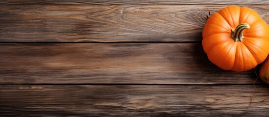 Aufkleber - Top view of a rustic wooden table with an orange pumpkin as the focal point, with ample copy space image.