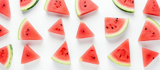 Leinwandbilder - Fresh watermelon slices creatively arranged in a Scandinavian-style flat lay on a white table background, perfect for a blog or recipe book cover with copy space image.
