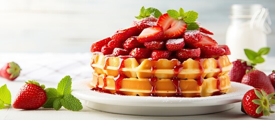 Aufkleber - Belgian waffles with strawberries and jam on white table, creating a summer food concept. Soft focus enhances the copy space image.