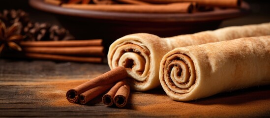 Poster - Ceylon cinnamon sticks displayed on a textured wooden background with a cinnamon roll, powder, perfect for baking, desserts, or drinks. Close-up with room for text, copy space image.
