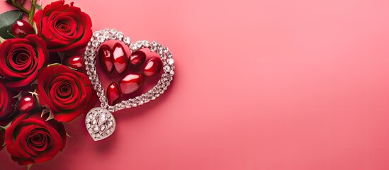 A flat lay with a red rose bouquet, heart-shaped jewelry on a pink background, perfect for a web banner or greeting card for Valentine's Day, Mother's Day, or a birthday, featuring copy space image.
