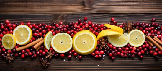 Bright lemon slices, anise seeds, and cranberries arranged on a rustic wooden background. The display is isolated and offers ample copy space image.