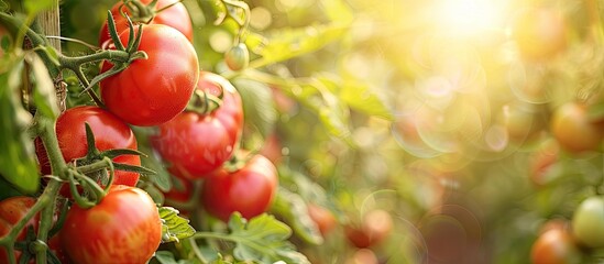 Poster - Fresh and healthy organic tomatoes growing in a garden on a farm, providing vibrant colors and rich flavors, ideal for copy space image.