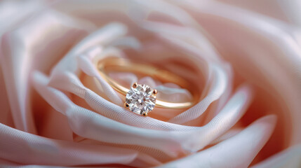 Wall Mural - A close-up shot of a diamond engagement ring nestled in the petals of a delicate pink rose