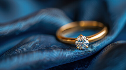 Wall Mural - A close-up shot of a classic diamond engagement ring resting on a smooth, blue silk fabric. The ring is a beautiful example of traditional jewelry design