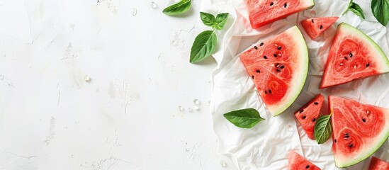 Poster - Watermelon slices and napkin displayed on a table with a white background, ideal for showcasing copy space image.