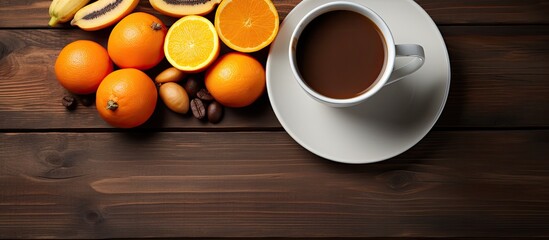 Fototapete - A white cup of black coffee, a plate of fruits (orange, banana, peanut), and a calendar on a brown wooden table, with copy space image available.