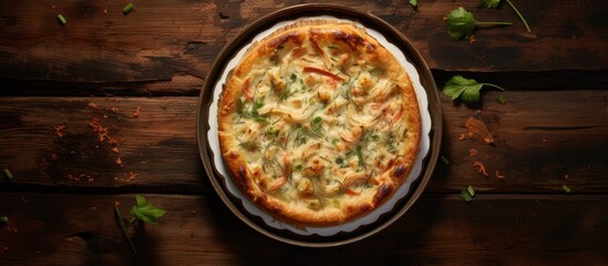 Leinwandbilder - A seafood pie dish, a delightful meal option, placed on a rustic table with a food background, providing a top-view perspective with copy space for image inclusion.